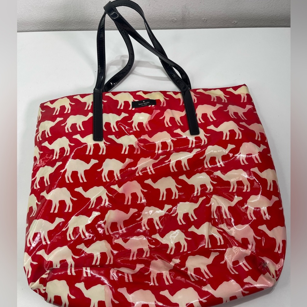 Vintage Kate Spade Tote Bag Camel Print Bon Shopper Novelty Red Purse Rare